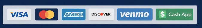 Payment Methods - Visa, Mastercard, Amex, Discover, Diners Club, PayPal, Cash App